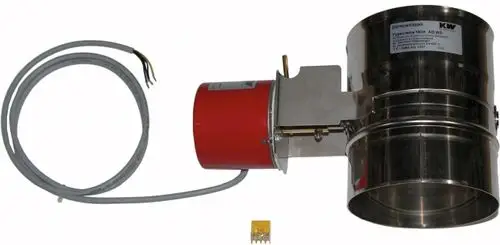 Abgasklappe aus Metall mit elektrischer Ansteuerung, versehen mit einem Anschlusskabel und einem Steuergerät. Produkt von Wolf zur Steuerung von Abgasströmen.